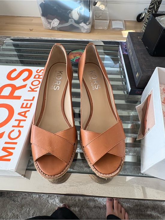 Michael Kors Shoes - Michael Kors Cognac Leather size 10 M luggage Peep-Toe Espadrille Wedges